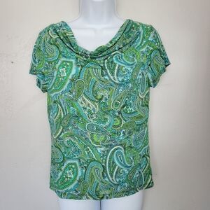 Jones & Co. Women's Small Blue Green Draped Front Blouse Short Sleeve Paisley